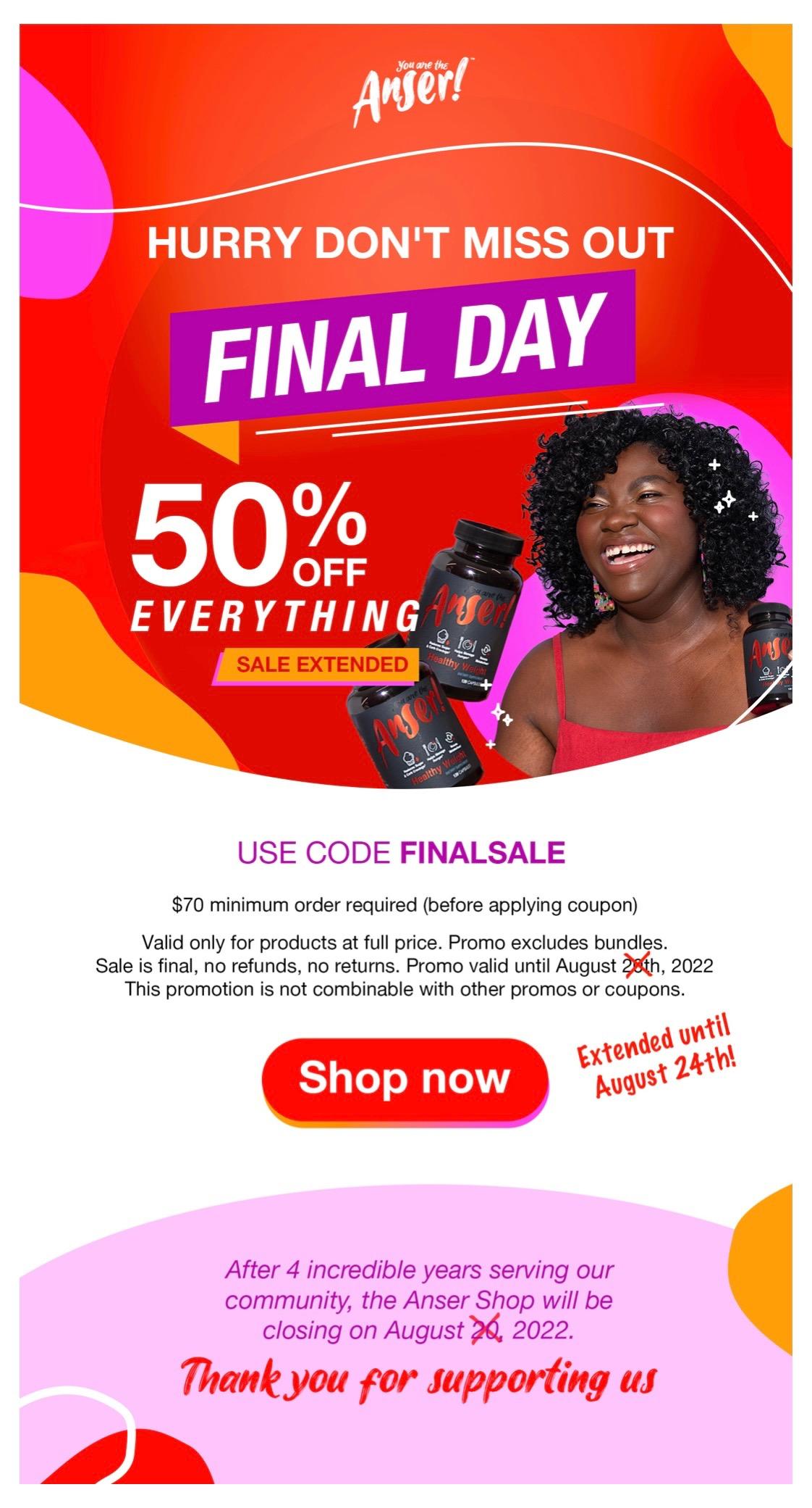 Anser final closing email announcing the shop shutdown